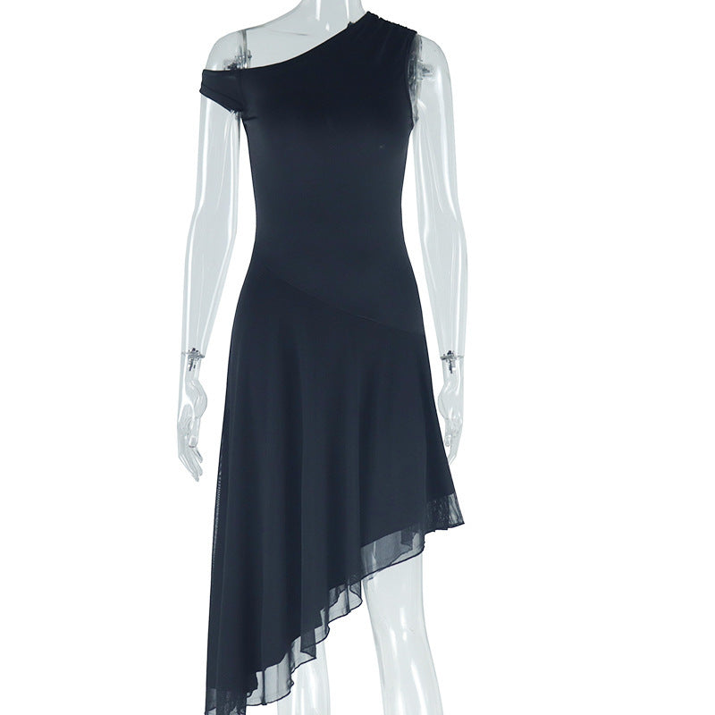 One-Shoulder Asymmetrical Summer Dress - Black / S