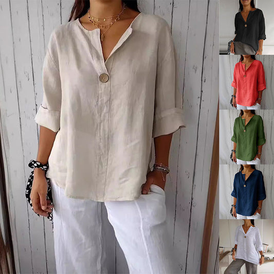 Women’s Casual V-Neck Linen Blend Shirt – Long Sleeves